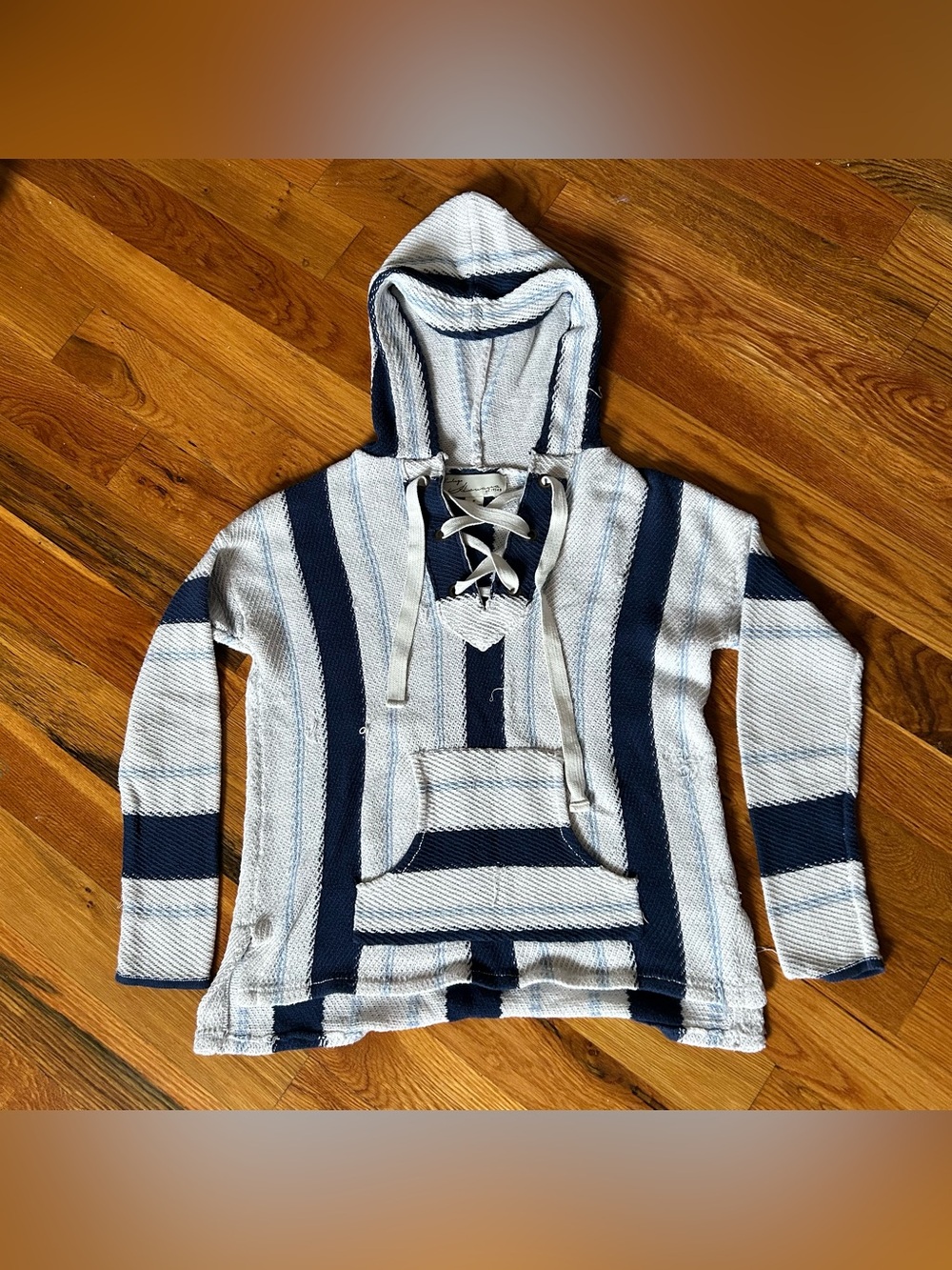 Navy & White Striped Hooded Lace-Up Sweater by Vintage Havana